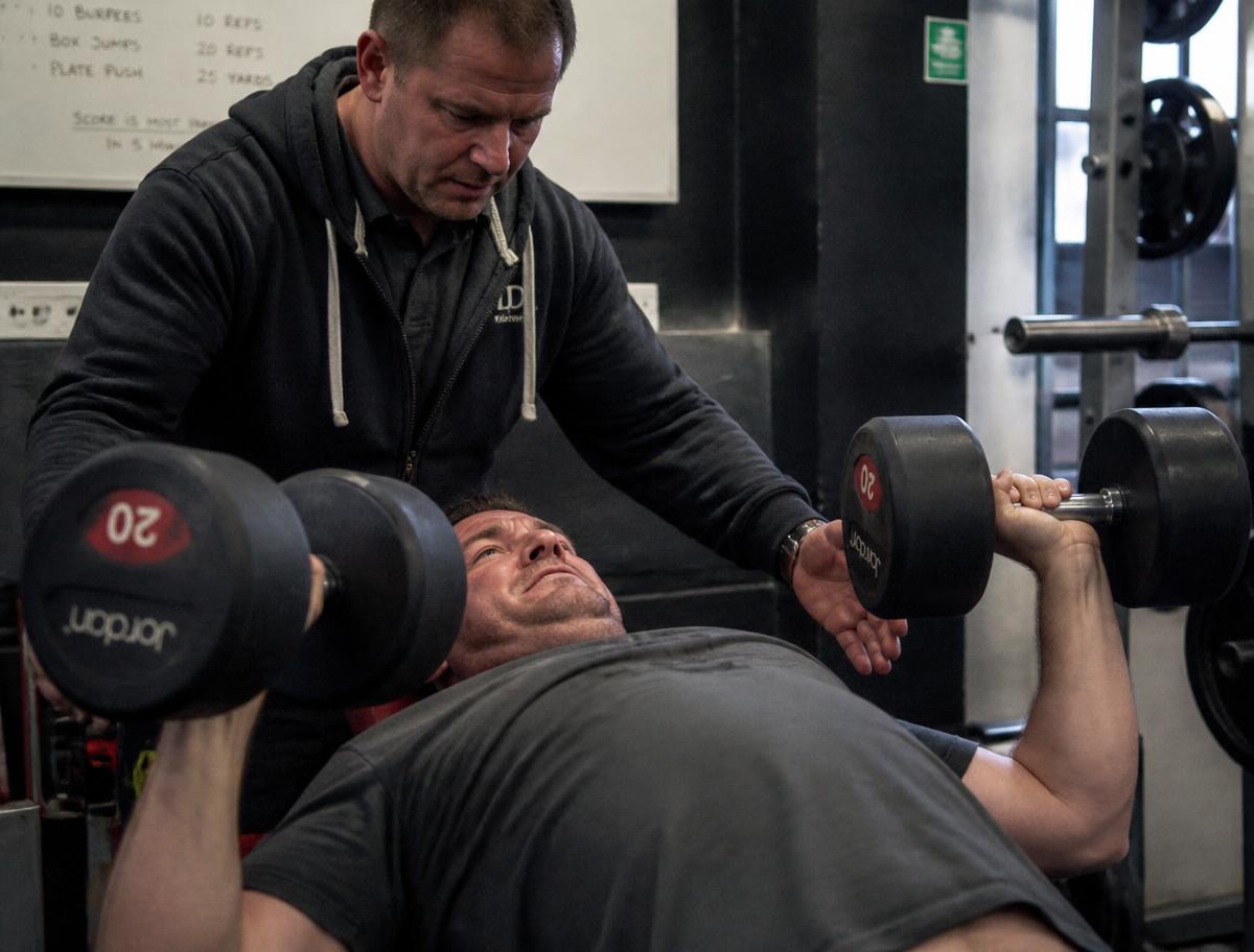 Coach spotting a client on a dumbbell press